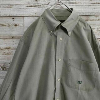 【550】ヘンリーコットンズ長袖ボタンダウンシャツ 刺繍ロゴ緑系グリーン系古着(シャツ)