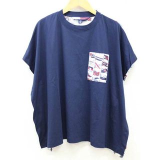 【夏物 新入荷】『HILFIGER COLLECTION / ヒルフィガーコレクション』切替バックプリントTシャツ/カットソー/フレンチスリーブ ネイビー×マルチ/紺×マルチ レディース  32 【中古】 夏  205042(Tシャツ(半袖/袖なし))