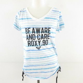 ロキシー ROXY カットソー ボーダー 半袖 プリント 白 青 S