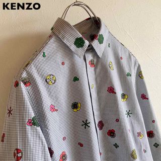 KENZO - KENZO ケンゾー 花柄 チェック 比翼 シャツ 34 ホワイト ネイビー