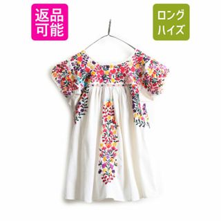 サンアントニーノ ハンド刺繍 メキシカン 半袖 チュニック ブラウス レディース M 程 ハンドステッチ 花柄 ハンドメイド チュニックワンピ(チュニック)