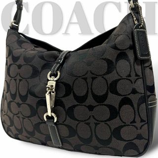 コーチ(COACH)の美品　コーチ　ショルダーバッグ 　シグネチャー　キャンバス　レザー　肩掛け　黒(ショルダーバッグ)