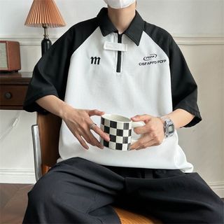 【セレクト品】 ポロシャツ 半袖 Tシャツ オーバーサイズ 白黒 L メンズ (Tシャツ/カットソー(半袖/袖なし))