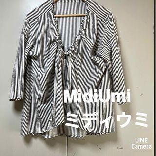 MidiUmi - ミディウミ　コットンシルク混ストライプブラウス　ネイビー　オーバーサイズ