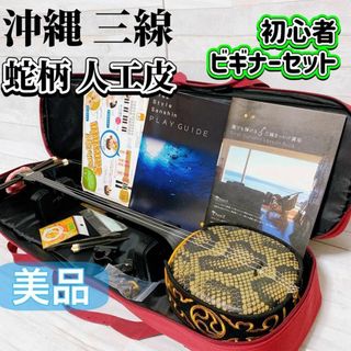 沖縄 三線 人工皮 蛇柄 弦楽器 琉球 黒塗り ケース付 爪 初心者セット 美品(三線)