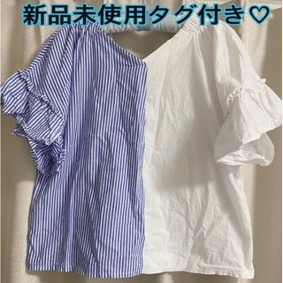 新品、未使用、タグ付き♡ブルーストライプ✖️白　アシンメトリー　トップス(Tシャツ(半袖/袖なし))