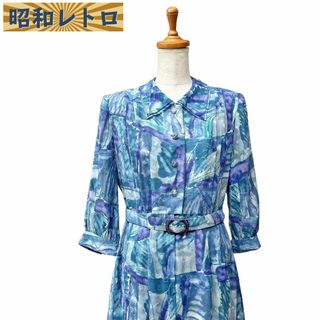 【昭和レトロ】7分袖ワンピース/シャツ風/総柄/古着/60'70'/No.468(ロングワンピース/マキシワンピース)