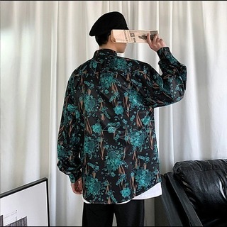 【残り僅か】オーバーサイズ　シャツ　長袖　総柄　個性　メンズ　黒　XL　韓国　(シャツ)