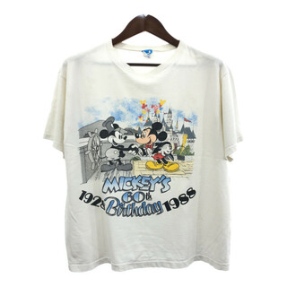 ディズニー(Disney)の80年代 USA製 Disney ディズニー ミッキーマウス 60周年 半袖Ｔシャツ キャラクター ホワイト (メンズ L) 中古 古着 Q5967(Tシャツ/カットソー(半袖/袖なし))
