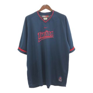 ナイキ(NIKE)の00年代 NIKE ナイキ MLB ミネソタ・ツインズ Vネック 半袖Ｔシャツ プロチーム ネイビー (メンズ 2XL) 中古 古着 Q5968(Tシャツ/カットソー(半袖/袖なし))