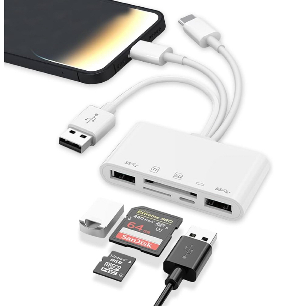 SDカードリーダー 5in3 マルチ機能 iOS/USB/Type-C 変換 スマホ/家電/カメラのスマホアクセサリー(その他)の商品写真