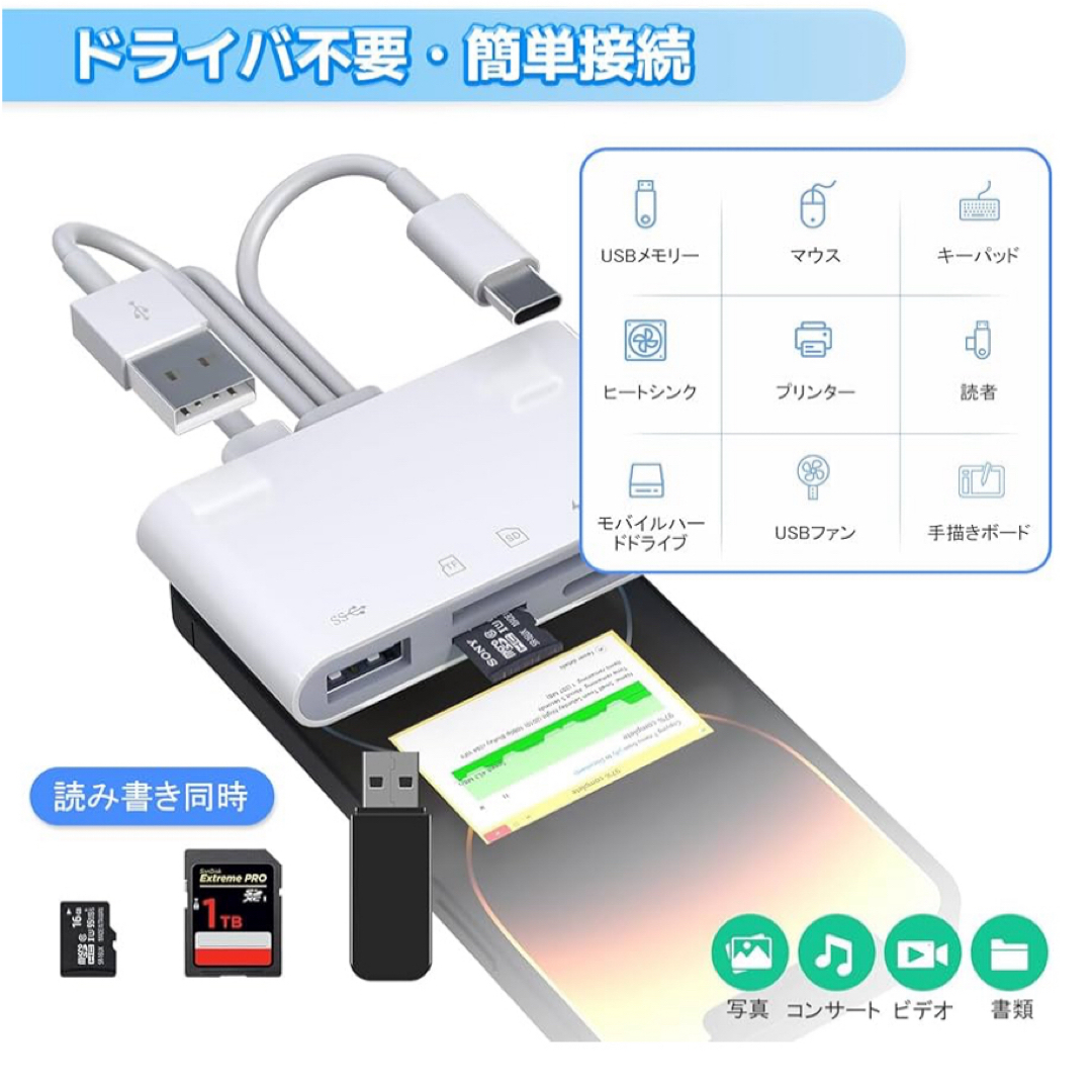 SDカードリーダー 5in3 マルチ機能 iOS/USB/Type-C 変換 スマホ/家電/カメラのスマホアクセサリー(その他)の商品写真