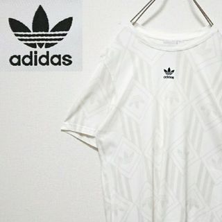 adidas - アディダス センター 刺繍 トレフォイル ロゴ 総柄 ホワイト 半袖 Tシャツ