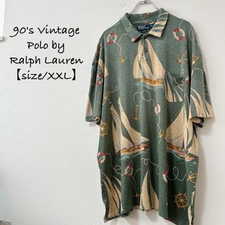 POLO RALPH LAUREN - 美品★90s★ラルフローレン★半袖ポロシャツ★総柄★ヨット★緑系★XXL