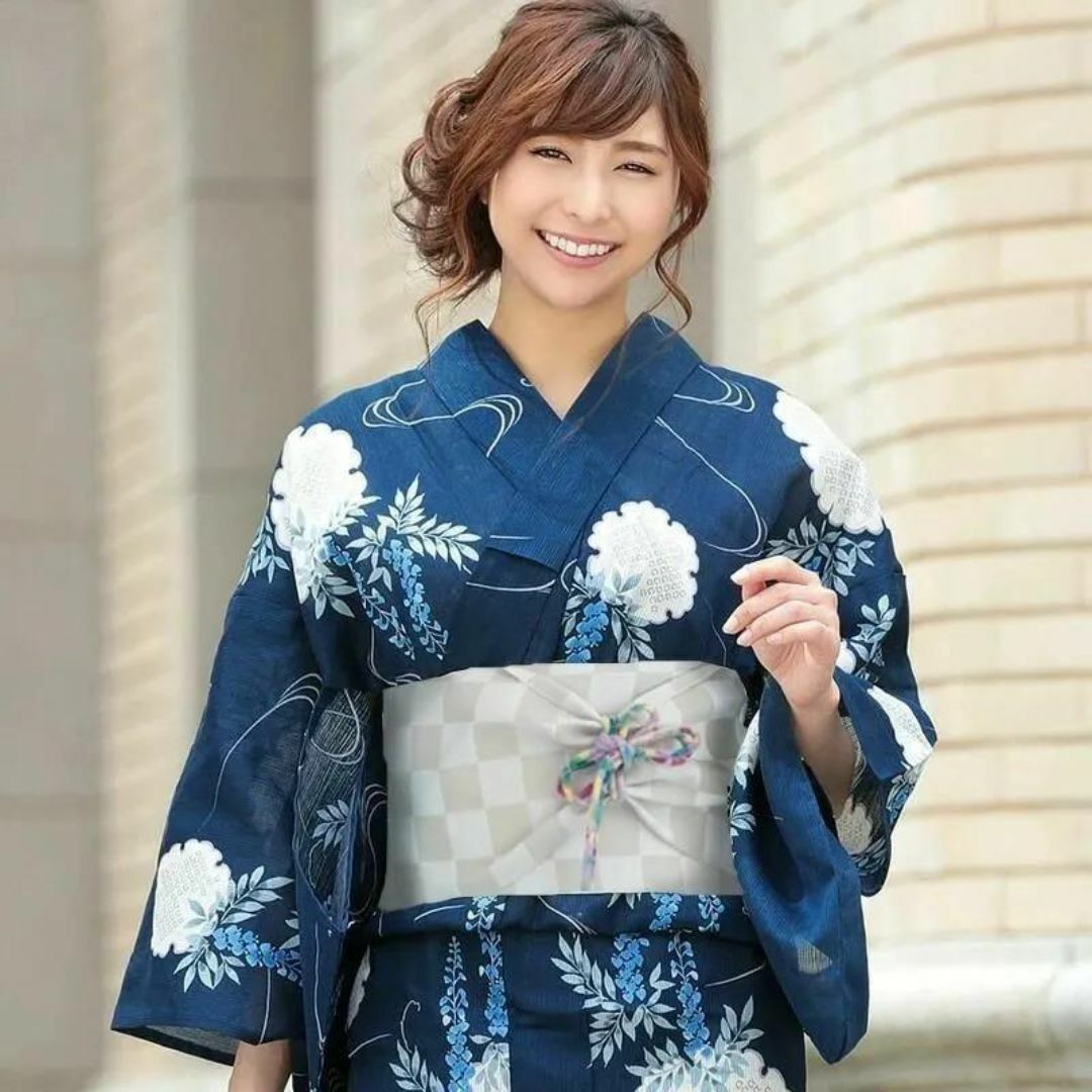 綿麻】浴衣 単品 紺 ネイビー 雪輪 藤 フリーサイズ レディース