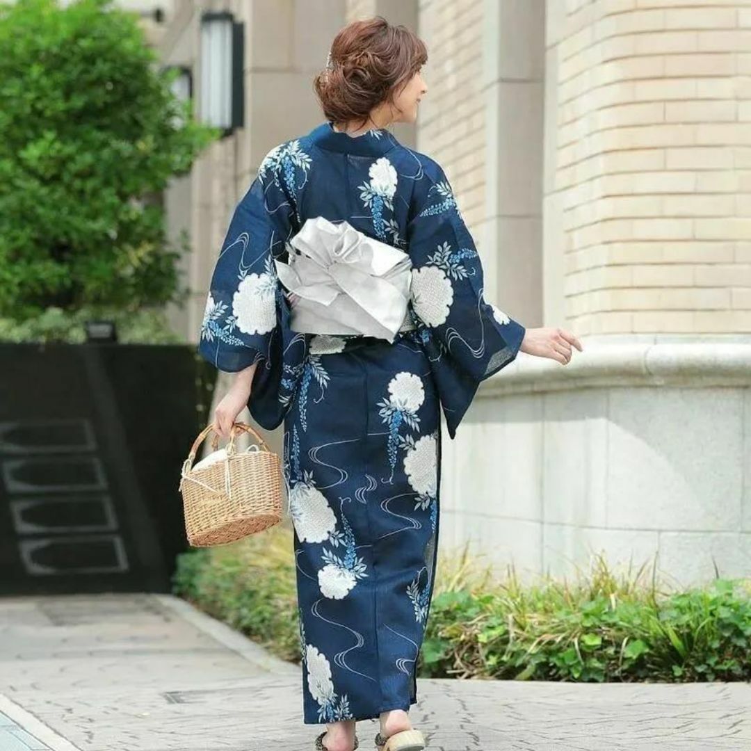 綿麻】浴衣 単品 紺 ネイビー 雪輪 藤 フリーサイズ レディース