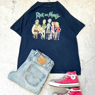 【リックアンドモーティ】XLサイズ アメリカ アニメ Tシャツ ネイビー(Tシャツ/カットソー(半袖/袖なし))