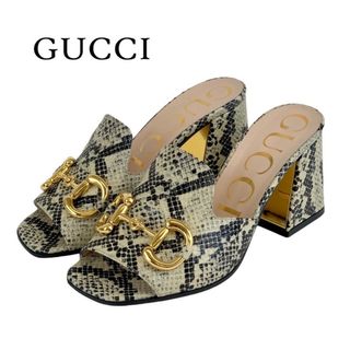 グッチ(Gucci)のグッチ GUCCI サンダル 靴 シューズ レザー ベージュ系 ブラック ゴールド ミュール ホースビット パイソン(サンダル)