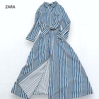 ZARA - ZARA ベルテッド ロング シャツワンピース ストライプ 長袖 ブルー S