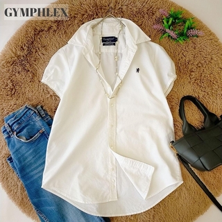 GYMPHLEX - ジムフレックス　ホワイト　半袖コットンシャツ　パフスリーブシャツ　ボタンダウン