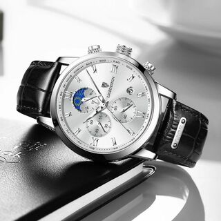 LIGE DESIGN　メンズ腕時計　シルバーホワイト　防水　クロノグラフ(腕時計(アナログ))