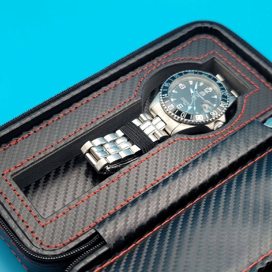 腕時計用品⑨⑨【未使用】腕時計収納ケース黒色ブラック赤色ステッチ２スロットタイプ メンズの時計(その他)の商品写真