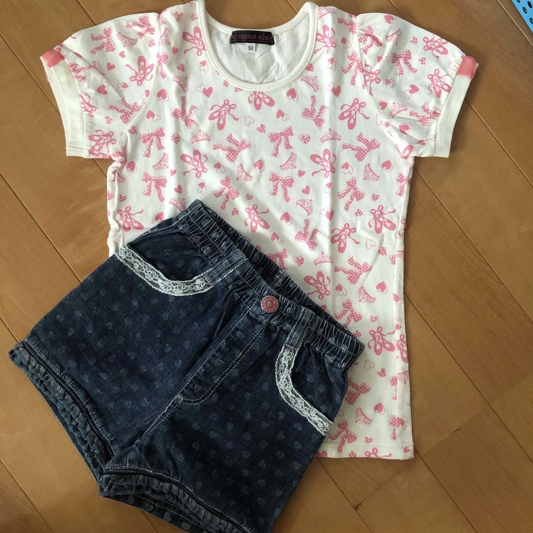 女児　150cm Tシャツ&デニムショートパンツ キッズ/ベビー/マタニティのキッズ服女の子用(90cm~)(Tシャツ/カットソー)の商品写真