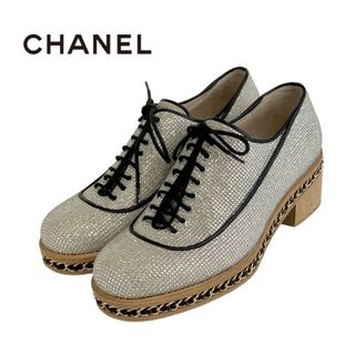 シャネル(CHANEL)のシャネル CHANEL ローファー 革靴 靴 シューズ レザー ウッド シルバー ブラック レースアップシューズ ココマーク ラインストーン チェーン(ローファー/革靴)