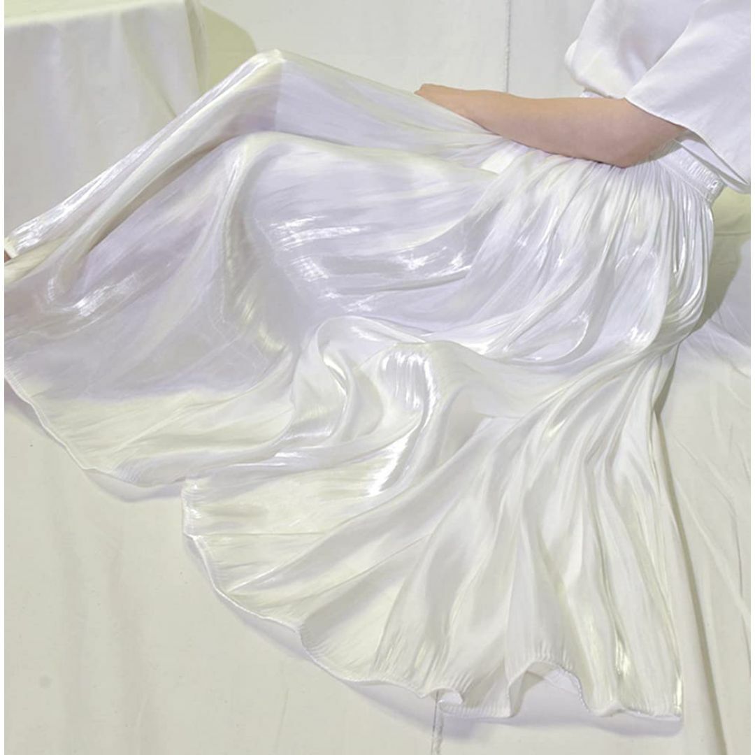 【色: ホワイト】[Euyqs] 光沢シアスカート ロングスカート 無地フレアス レディースのファッション小物(その他)の商品写真