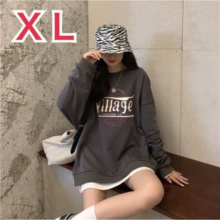 【売れてます】スウェット ＸＬ ダークグレー 古着風  プリント ゆったり 韓国(トレーナー/スウェット)