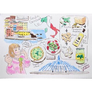 手描き　水彩画　イタリア　ジェノバ散歩(絵画/タペストリー)