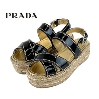 プラダ(PRADA)のプラダ PRADA サンダル 靴 シューズ パテント ブラック ベージュ 未使用 エスパドリーユ ステッチ プラットフォーム(サンダル)