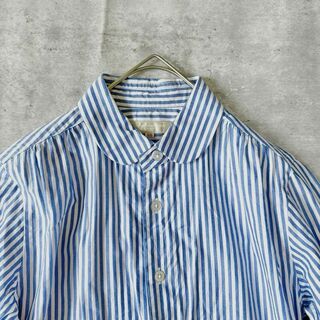 モリカゲシャツ 丸襟コットンストライプワンピース 5分丈 SSサイズ 白×青(ひざ丈ワンピース)