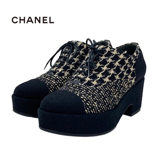 シャネル(CHANEL)のシャネル CHANEL ブーツ ショートブーツ 靴 シューズ ウール ツイード ブラック ベージュ ココマーク レースアップ ブーティ(ブーティ)
