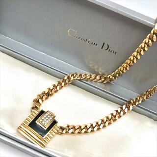 ディオール(Dior)の美品 Christian Dior ディオール スクエア ラインストーン 喜平 チェーン ネックレス ゴールド ブラック アクセサリー a2603(ネックレス)
