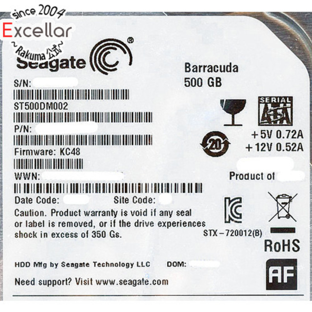 SEAGATE(シーゲイト)のSEAGATE製HDD ST500DM002 500GB SATA600 7200 1000～2000時間以内 スマホ/家電/カメラのPC/タブレット(PC周辺機器)の商品写真