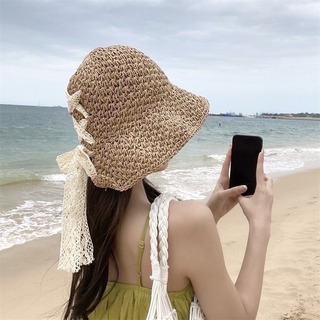 麦わら帽子 レースアップ UV対策 日焼け防止 レディース(麦わら帽子/ストローハット)