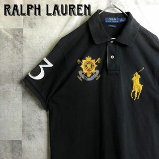 ポロラルフローレン(POLO RALPH LAUREN)の希少 美品 ポロラルフローレン 鹿子ポロシャツ 半袖 刺繍ロゴ ブラック M(ポロシャツ)