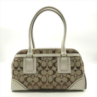 コーチ(COACH)の美品 COACH コーチ シグネチャー キャンバス レザー ホワイト ハンド バッグ a3558(ハンドバッグ)