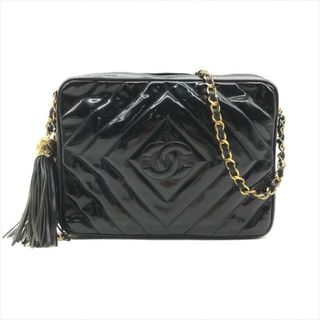 シャネル(CHANEL)の美品 CHANEL シャネル ココマーク ダイヤステッチ エナメル パテント フリンジ チェーン ショルダー バッグ ブラック a2921(ショルダーバッグ)