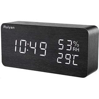【人気商品】卓上 置き時計 木目 LED デジタル 温湿度計 ブラック(置時計)