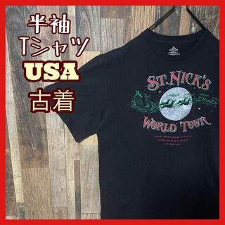 メンズ ブラック プリント サンタ トナカイ L USA古着 半袖 Tシャツ(Tシャツ/カットソー(半袖/袖なし))