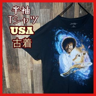 メンズ プリント ネイビー 人物 アート L USA古着 半袖 Tシャツ(Tシャツ/カットソー(半袖/袖なし))