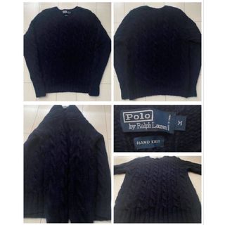 ポロラルフローレン(POLO RALPH LAUREN)の美品 90s POLOラルフローレン ケーブル hand knit navy L(ニット/セーター)