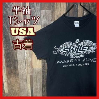 メンズ プリント M ブラック バンT スキレット USA古着 半袖 Tシャツ(Tシャツ/カットソー(半袖/袖なし))