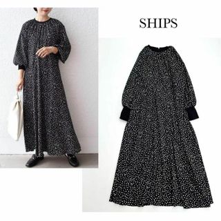 SHIPS - 洗える♡シップス＊ジョーゼットリブ切替ロングスリーブワンピース　ドット