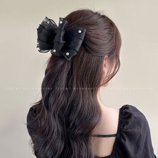 ♥️数量限定♥️バレッタ リボン ブラック ヘアアクセ パール 髪飾り 大きめ(バレッタ/ヘアクリップ)