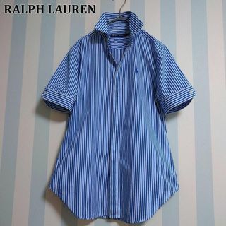 ラルフローレン(Ralph Lauren)の美品 RALPH LAUREN ストライプシャツ 半袖 比翼 ライトブルー 刺繍(シャツ/ブラウス(半袖/袖なし))