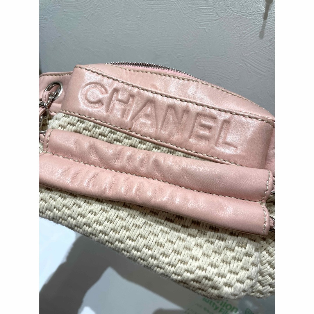 CHANEL(シャネル)のCHANEL♦︎シャネル 春夏コットン編み ピンクレザーチェーンバッグ レディースのバッグ(ハンドバッグ)の商品写真