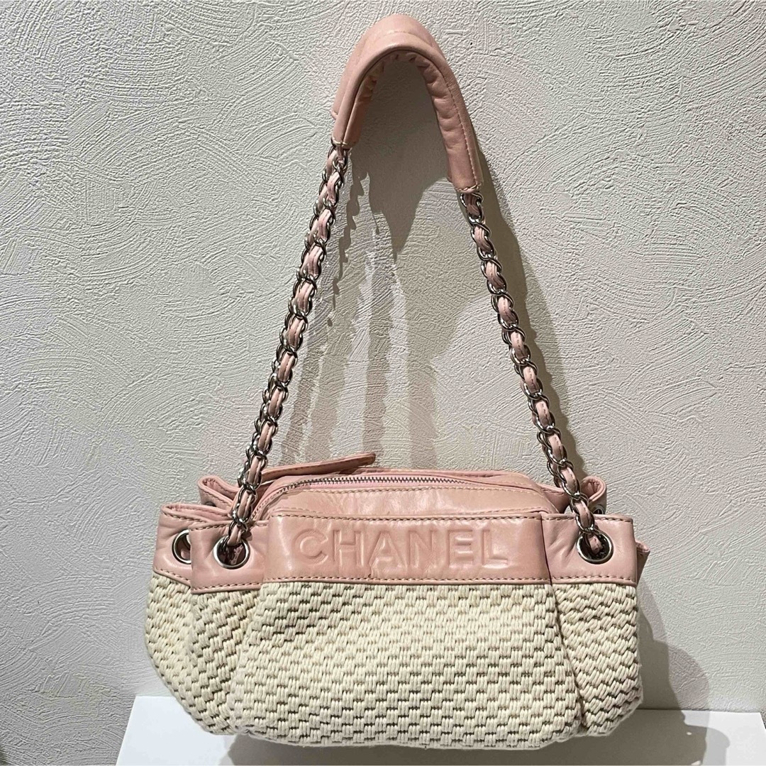 CHANEL(シャネル)のCHANEL♦︎シャネル 春夏コットン編み ピンクレザーチェーンバッグ レディースのバッグ(ハンドバッグ)の商品写真